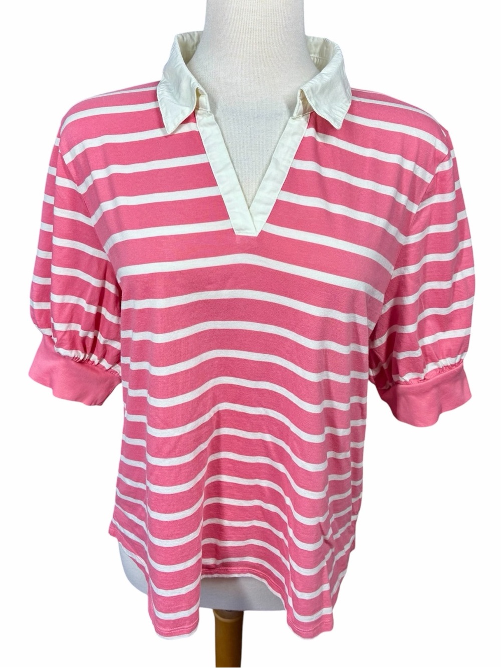 Talbots Pink and White Johnny Collar Pullover Pouf Sleeves Women's Size XL